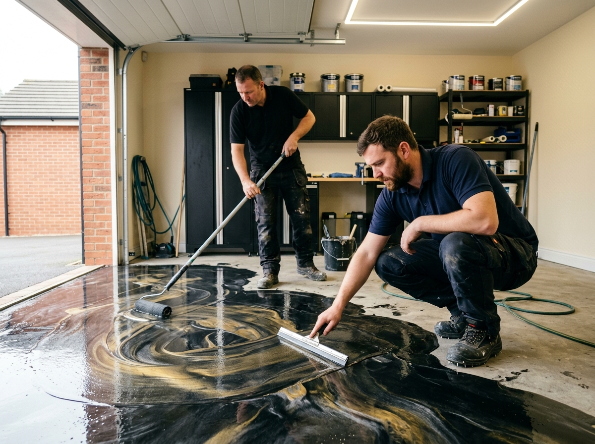 Epoxy Lads installers applying premium epoxy flooring