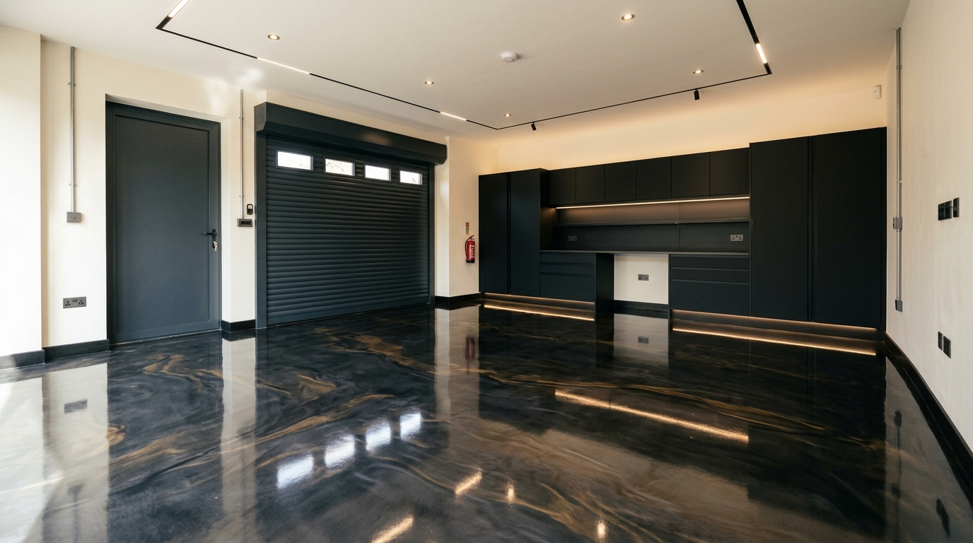 Luxury UK residential garage with premium metallic epoxy flooring by Epoxy Lads