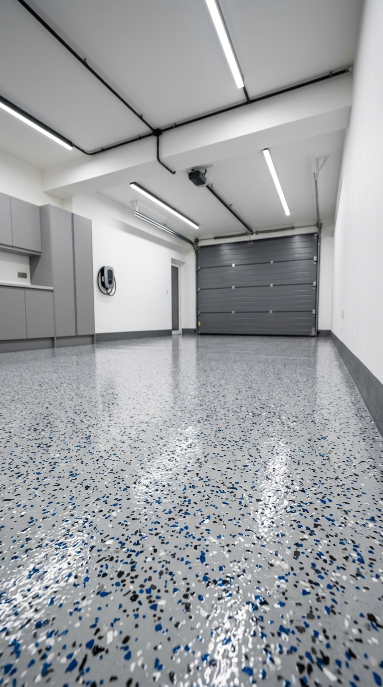 Modern garage with flake epoxy flooring