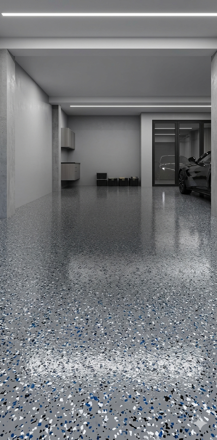Luxury garage with flaked epoxy chip flooring