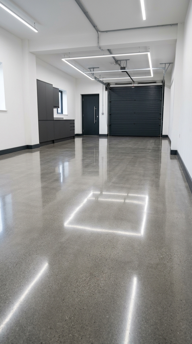 Empty modern garage with polished grind and seal concrete flooring