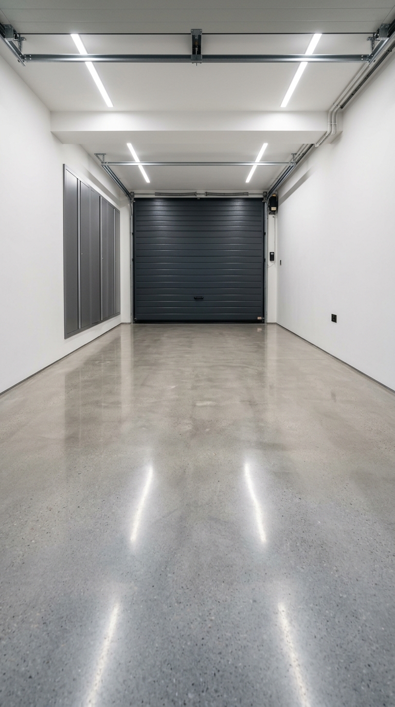 Polished grind and seal concrete floor in an empty garage