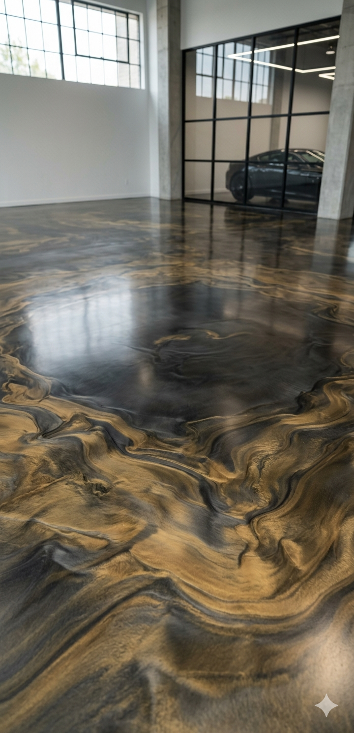 Luxury garage with metallic epoxy flooring