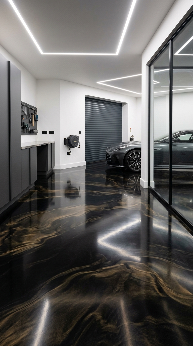Luxury garage with metallic epoxy flooring