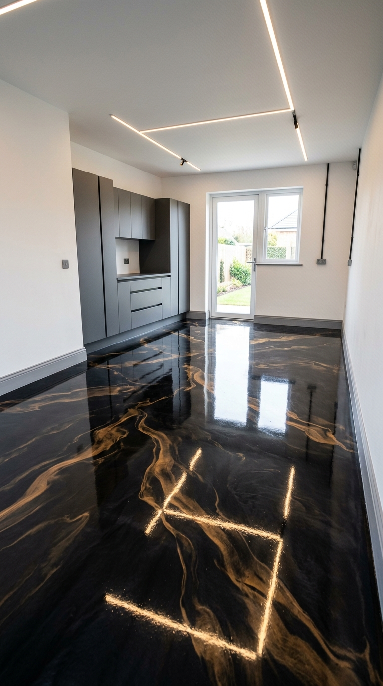 Metallic epoxy flooring in a modern garage