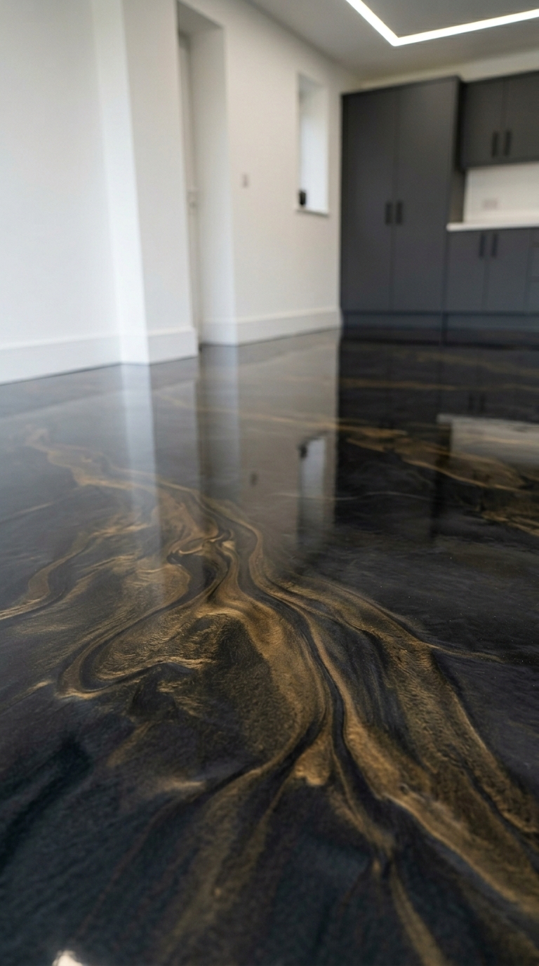 Metallic epoxy floor swirl detail in a modern garage