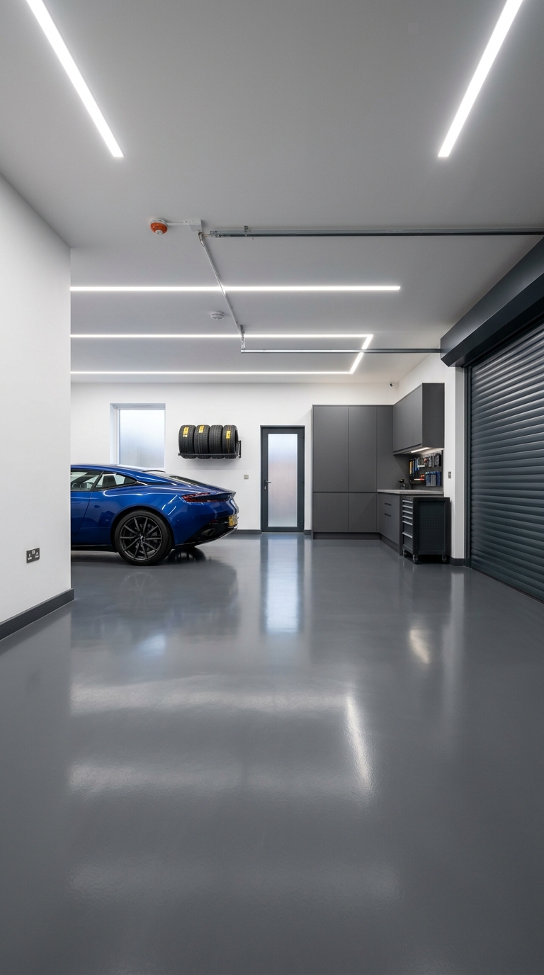 Luxury garage with solid colour epoxy flooring