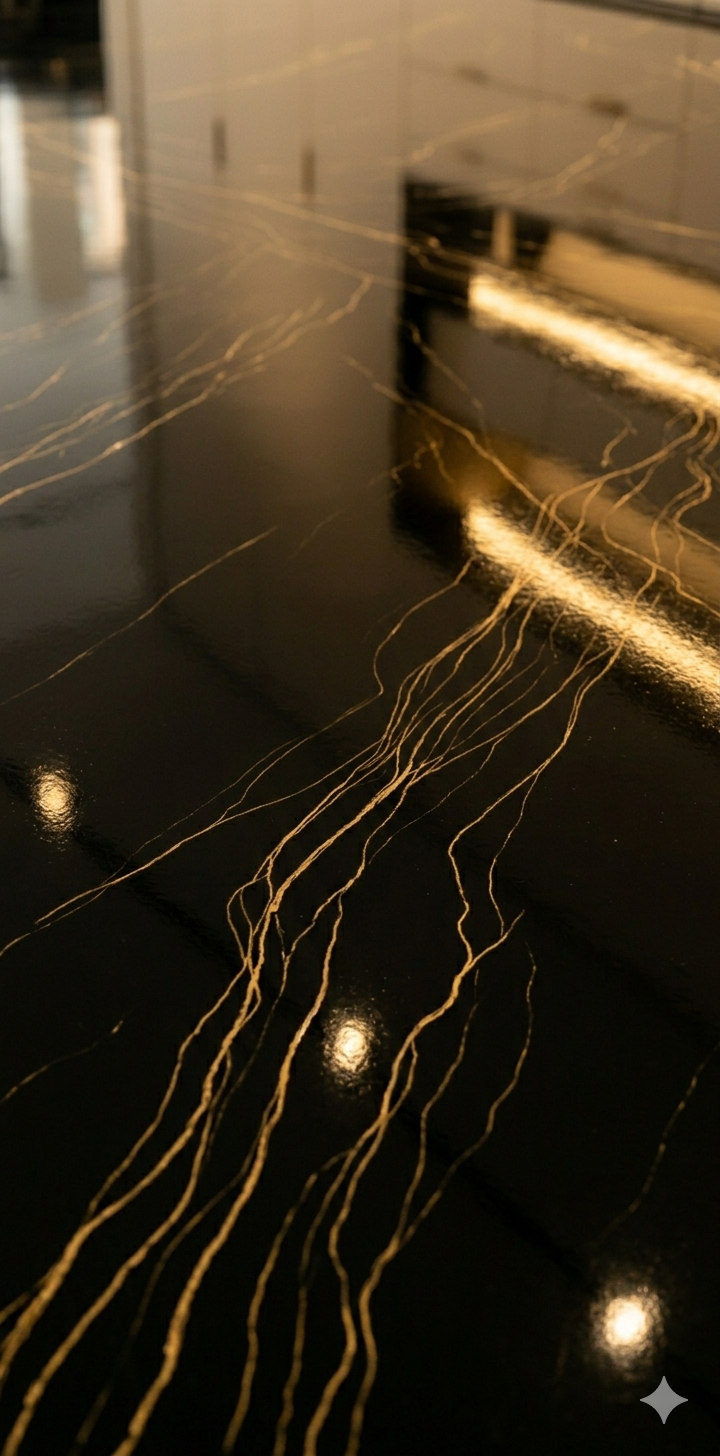 Solid color epoxy floor reflective surface detail
