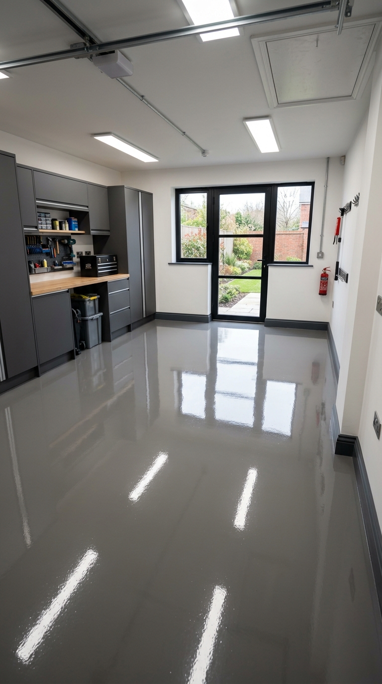 Solid colour epoxy floor in a modern garage