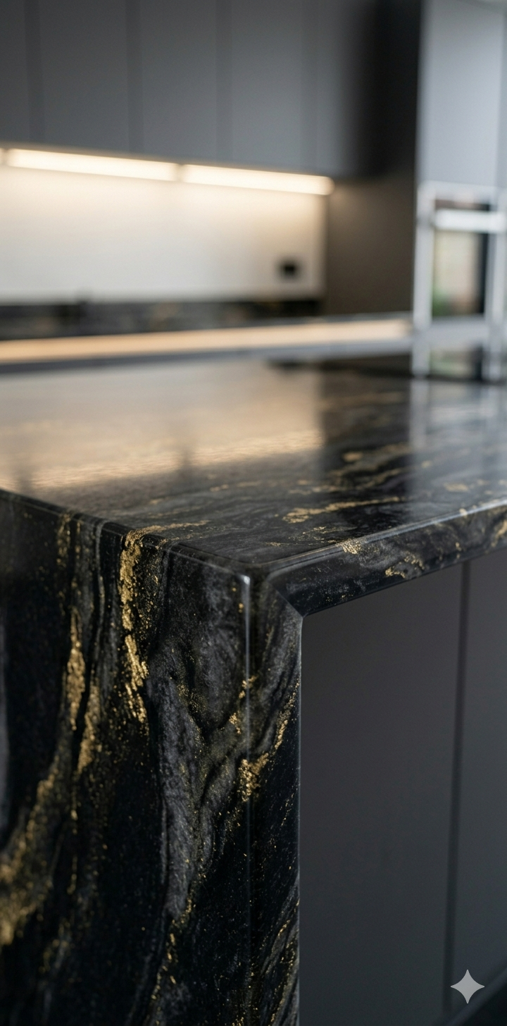 Close-up of epoxy worktop corner and edge detail